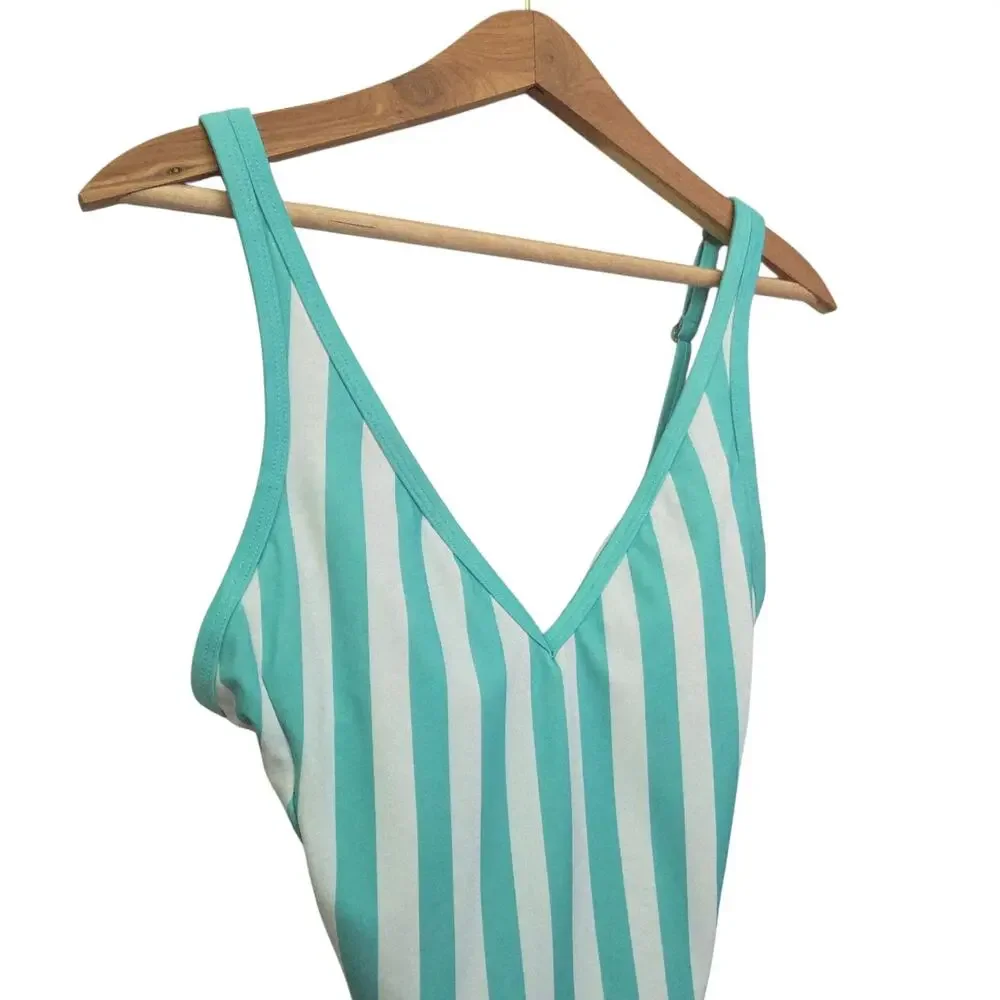 Kona Sol | Striped Plunge V-Neck One Piece Swimsuit